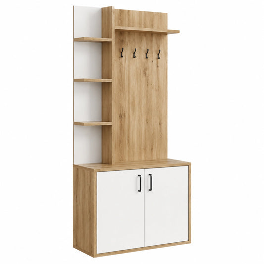 Porte-manteau, avec rangement, avec étagères, avec crochets, coloris blanc et naturel, pour l’entrée ou le couloir