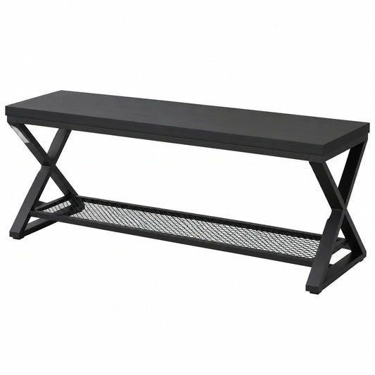 Banc, avec rangement, en chêne et métal, coloris noir, pour les espaces de vie