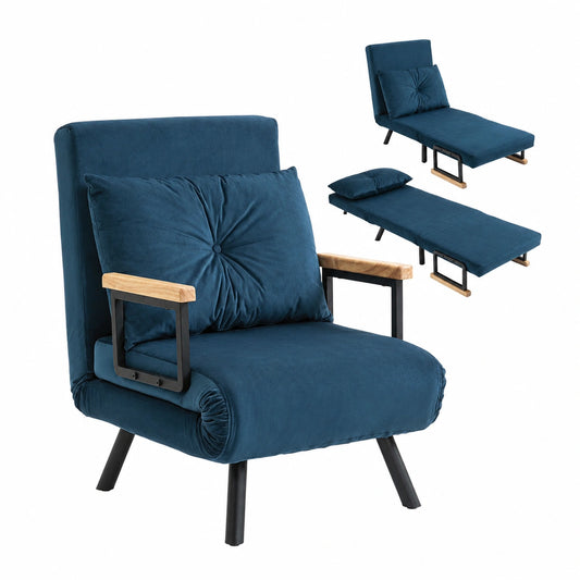 Canapé convertible, en velours et tissu, réglable, rembourré, coloris bleu, 1 place, pour le salon ou la chambre d’amis
